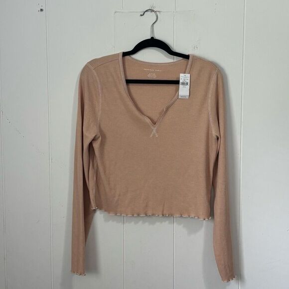 American Eagle Tan Waffle Knit V-Neck Cropped Long Sleeve Top XL New - Picture 1 of 5